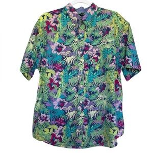 Crown & Ivy Vibrant Floral Hawaiian Tropical  Print Button Down Shirt Size L
